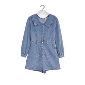 Storia Light Wash Denim Button Front Ruffle Collar Belt Loop Side Pockets Romper
